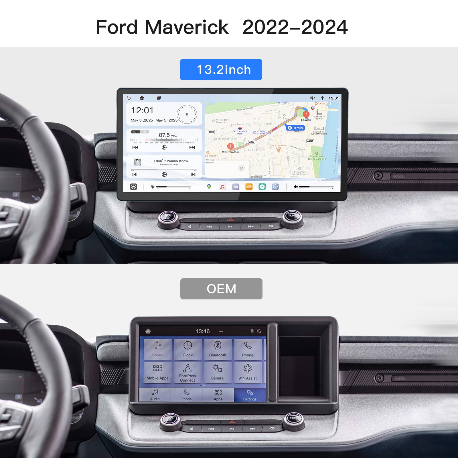 Carabc 13.2" Android 13 Car stereo Retains Sync3 for Ford Maverick 2022 - 2024 Wireless CarPlay & Android Auto CarRadio Upgrade
