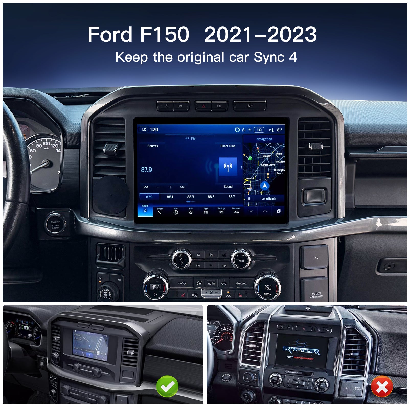 For Ford F150 250 2021–2023 Sync4 Upgrade 8'' to 12'' Screen Replacement Retains Factory System