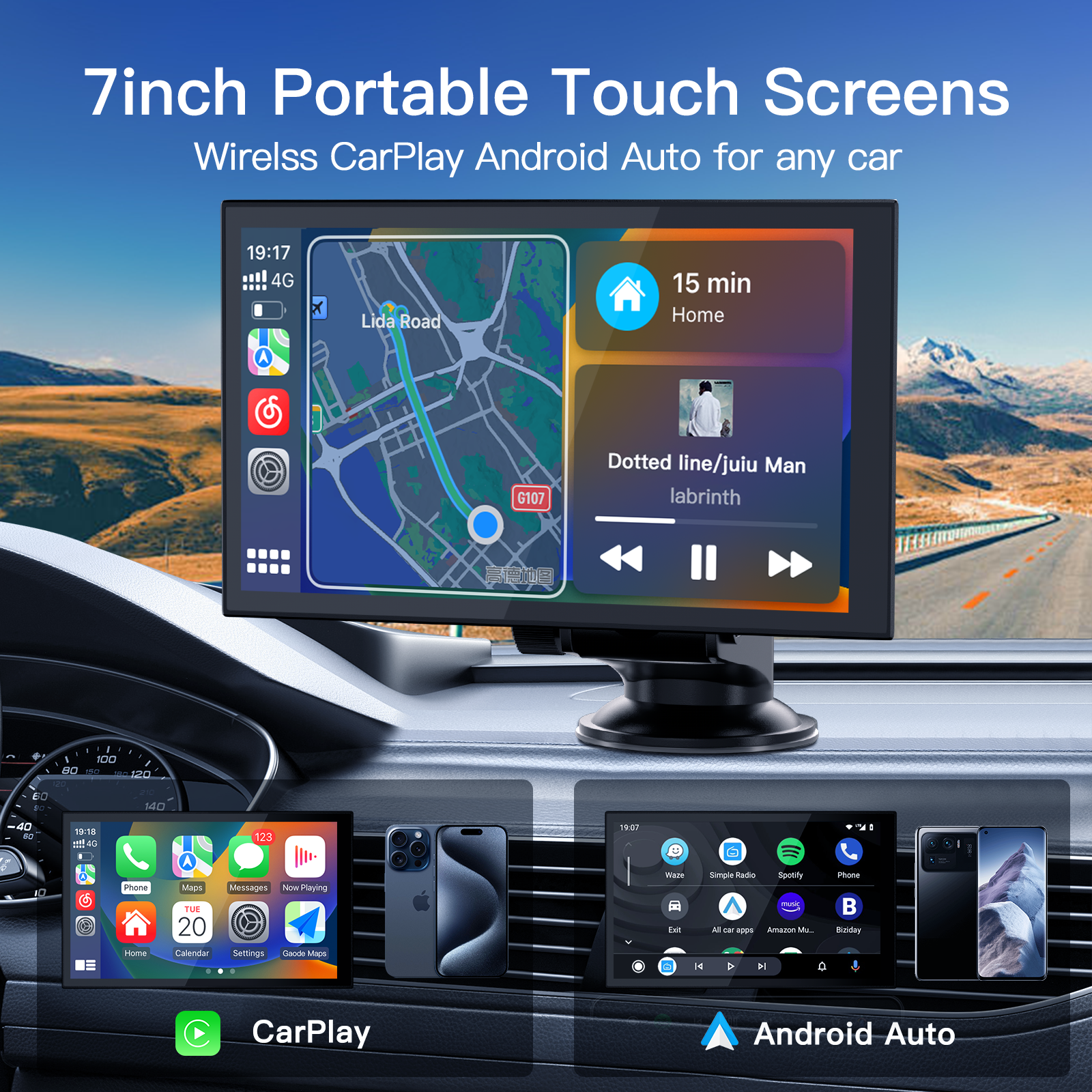 7''portable magnetic connectivity  Carplay Android auto touch screen